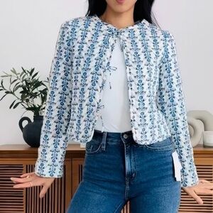 Caroline Constas Blue Floral Quilted Linen Cotton Blend Bow Accent Jacket Coat L